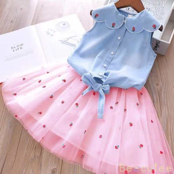 ブルー/シャツ+ピンク/スカート