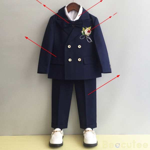 ダークブルー（スーツ+パンツ+コサージュ+蝶ネクタイ）+ホワイト/シャツ