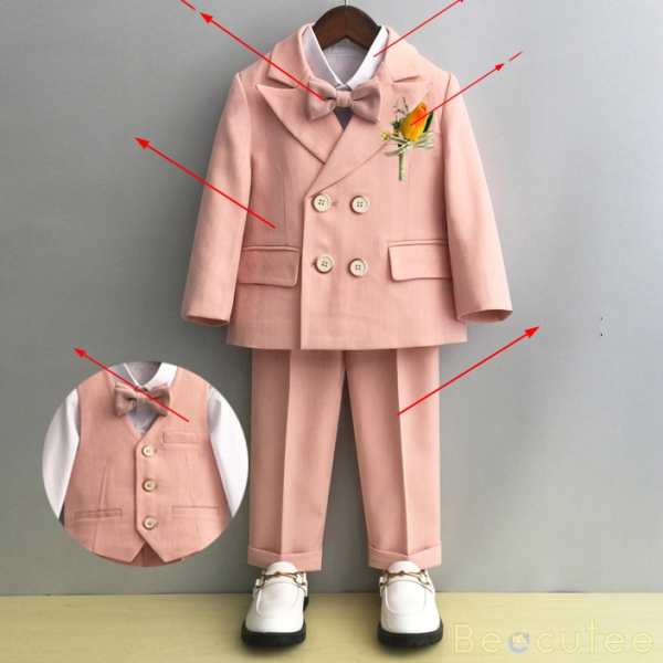 ピンク（ヘリンボーン）/（スーツ+ベスト+パンツ+コサージュ+蝶ネクタイ）+ホワイト/シャツ