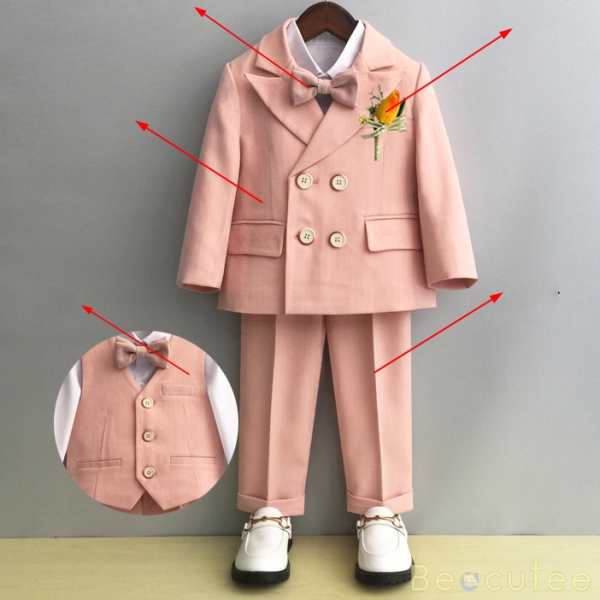 ピンク（ヘリンボーン）/（スーツ+パンツ+コサージュ+蝶ネクタイ）+ホワイト/シャツ